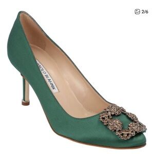 Manolo Blahnik Hangisi Green Satin Jewel Buckle Pumps